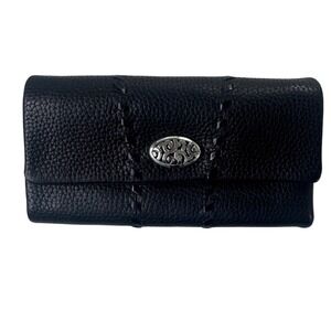 Vtg Brighton Black Pebbled Leather Trifold Wallet Whipstitch Silver Medallion